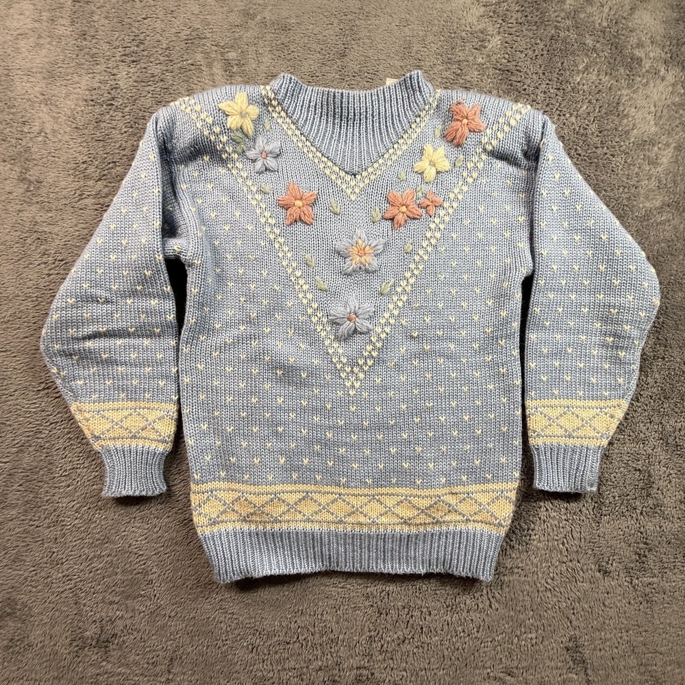 Vintage Melbourne Elements Hand Knit Blue Floral Embroidered Fair Isle Sweater S